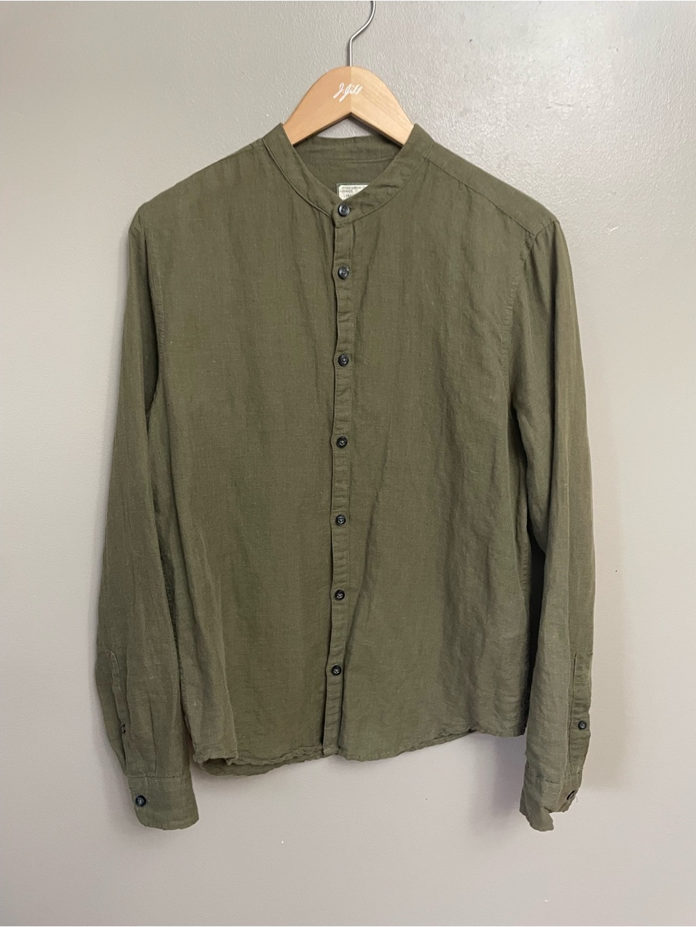 SMOG Men’s Small button up banded collar linen Slim Fit green linen beach